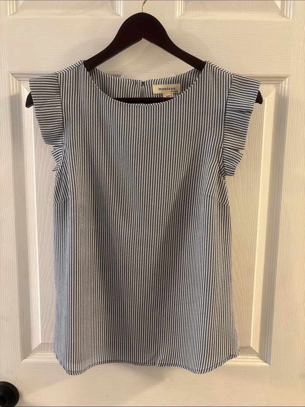 Monteau Blue & White Striped Ruffle Sleeve Top